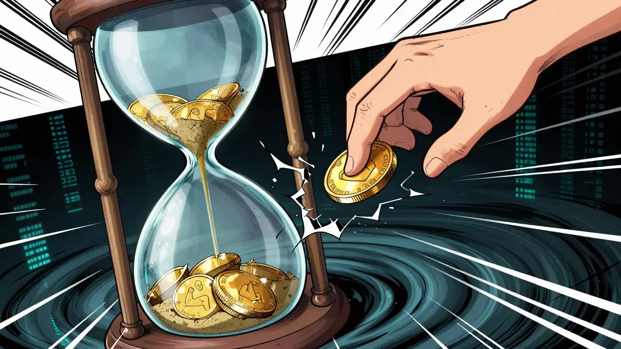 Manhua style art of a golden coin trapped in a cracking glass hourglass above a digital abyss.