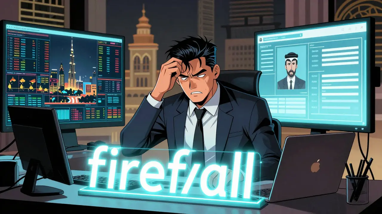 Manhua style banker managing a digital firewall between Dubai crypto and Doha banking.