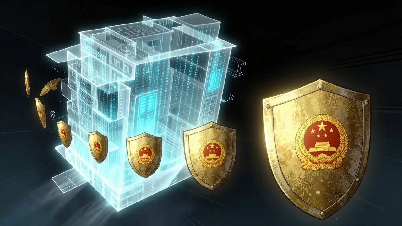 Manhua style depiction of a ghostly, translucent digital exchange building lacking security shields.