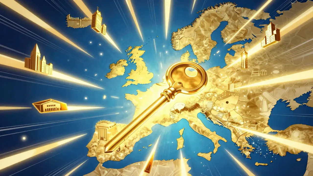 Manhua style depiction of a golden license key expanding into shards across a map of Europe to symbolize passporting.