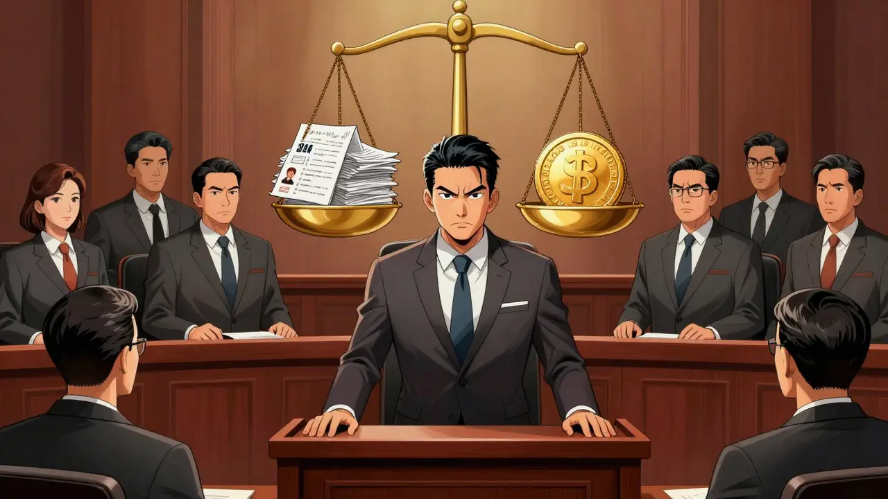 Manhua style depiction of a legal battle between a crypto company executive and judges