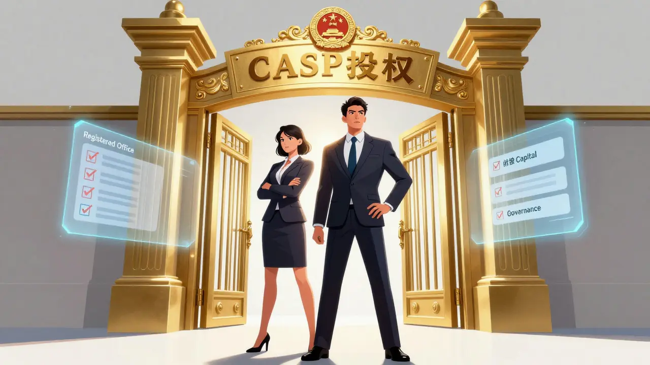 Manhua style illustration of professionals facing a golden gate of regulatory authorization with holographic requirements.