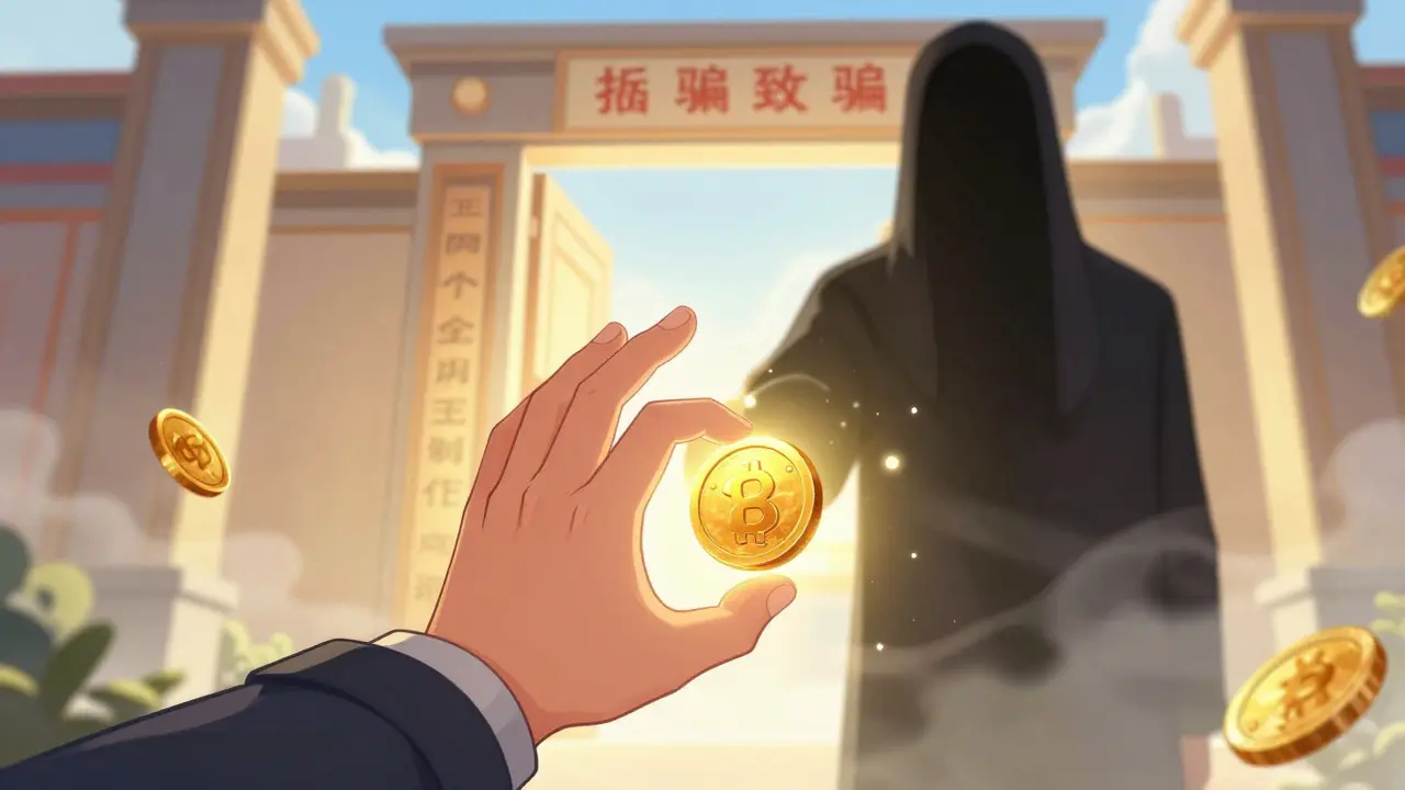 Manhua style image of a person rejecting a scammer's coin in favor of a bright, safe exchange gateway.