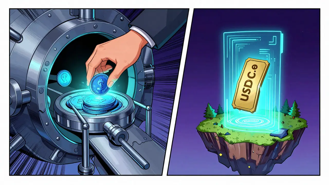 Manhua style split-panel showing a coin being locked in a vault and a bridged token appearing on another network.