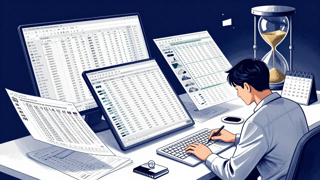 Person organizing complex crypto financial records and spreadsheets in manhua style.