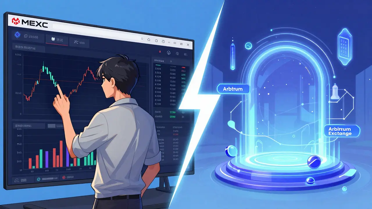 Split screen showing the difference between VelasPad and Vela Exchange