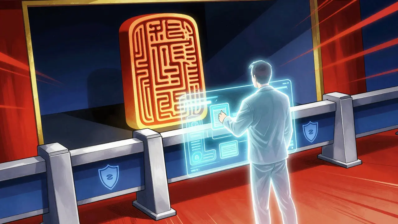 User standing at digital checkpoint with validation seal hovering above