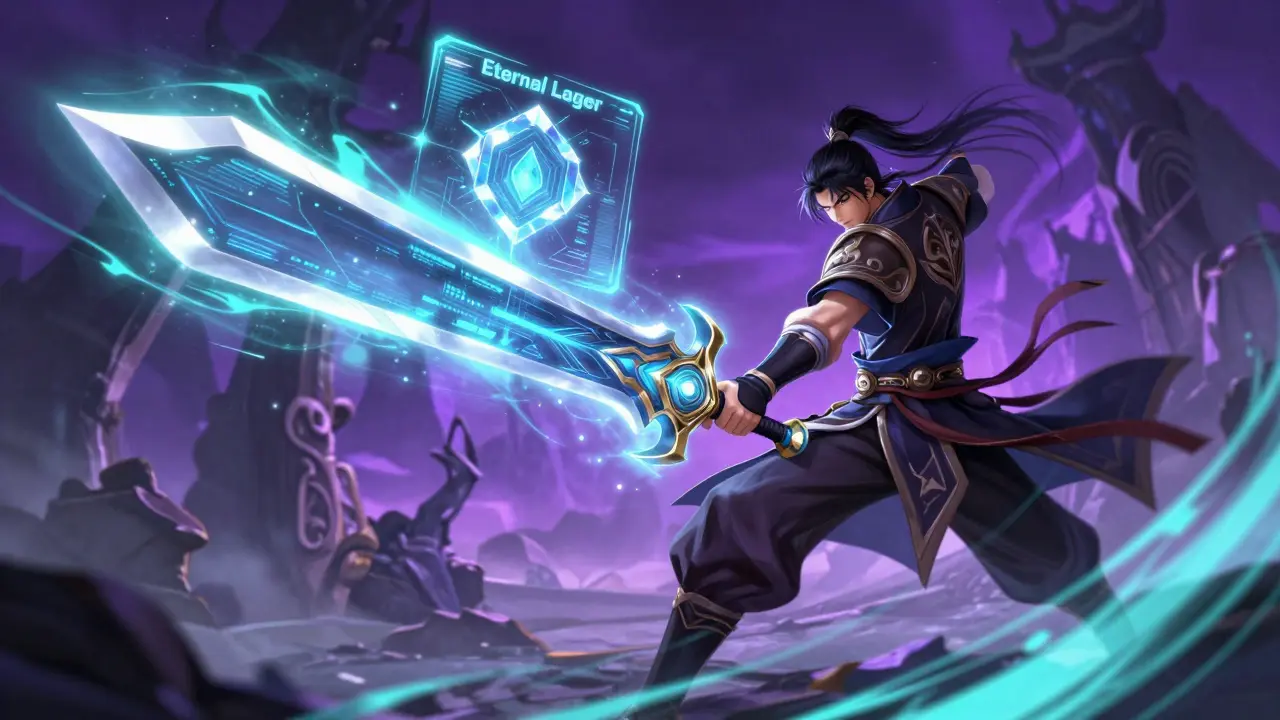 Warrior in Yaku MMORPG with a glowing sword linked to a digital Eternal Ledger in manhua style.