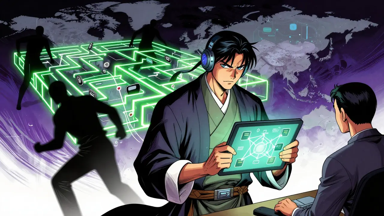 Analyst traces hidden crypto transaction networks using advanced tools in manhua art.