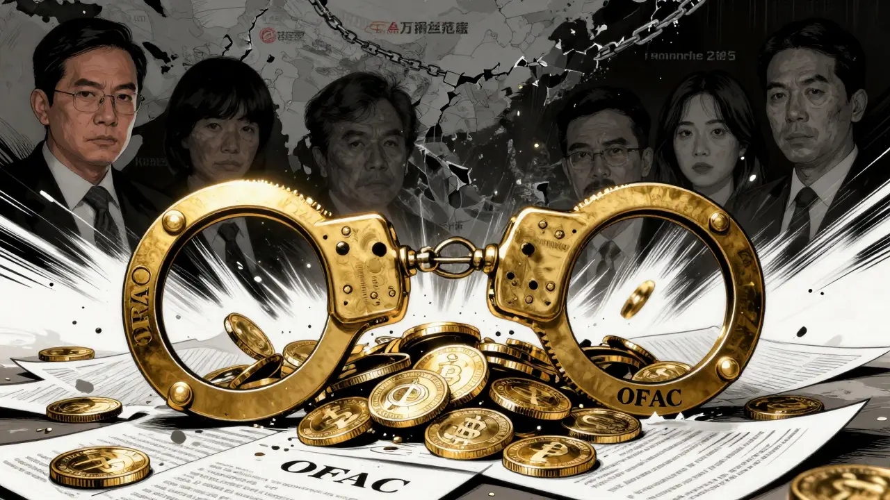 Artistic depiction of US sanctions slamming down on crypto fraud networks