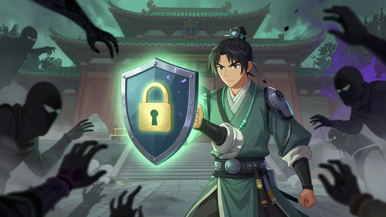 Cartoon character holding a security shield against shadowy scammer figures in a mystical setting.