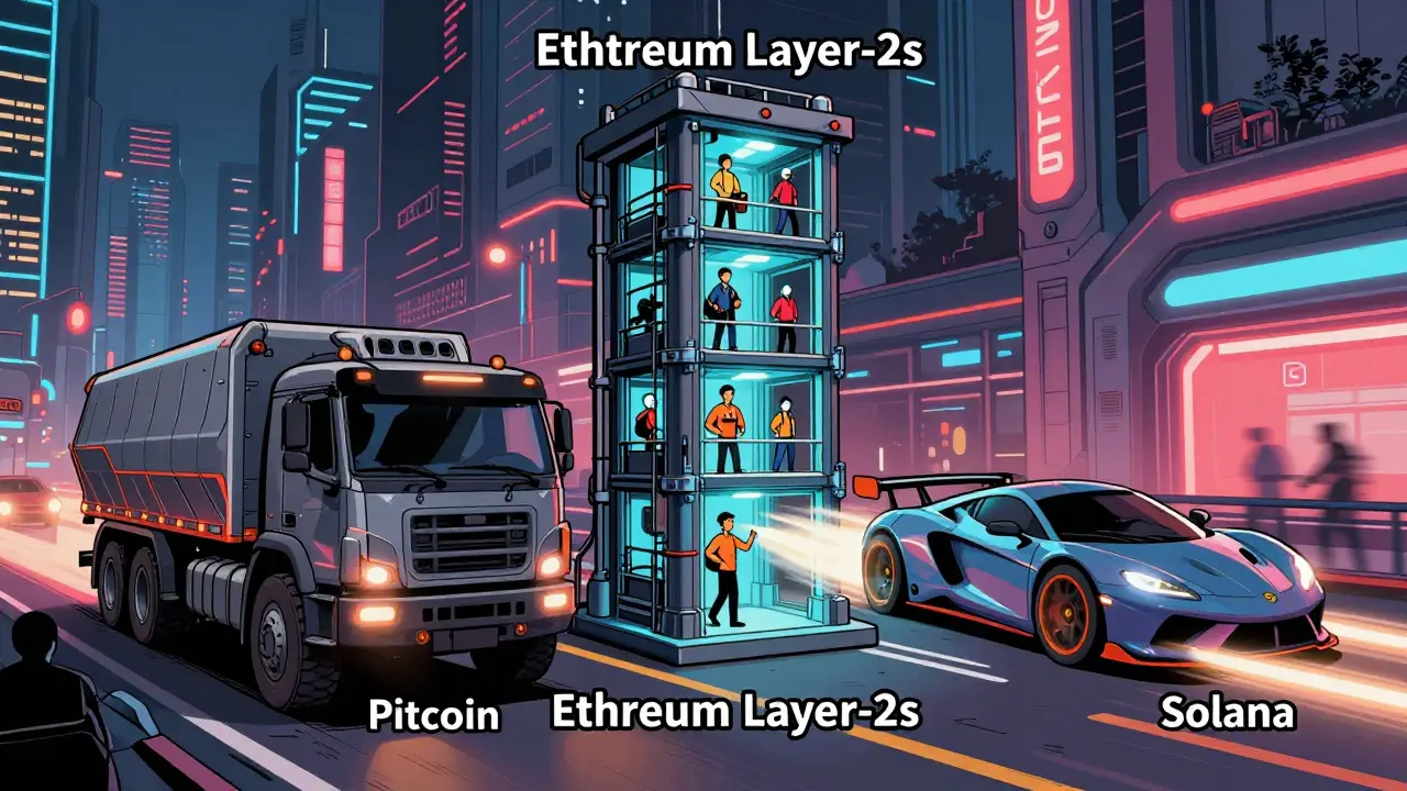 Cartoon comparison of Bitcoin truck, Ethereum elevator, and Solana race car in cyberpunk city.