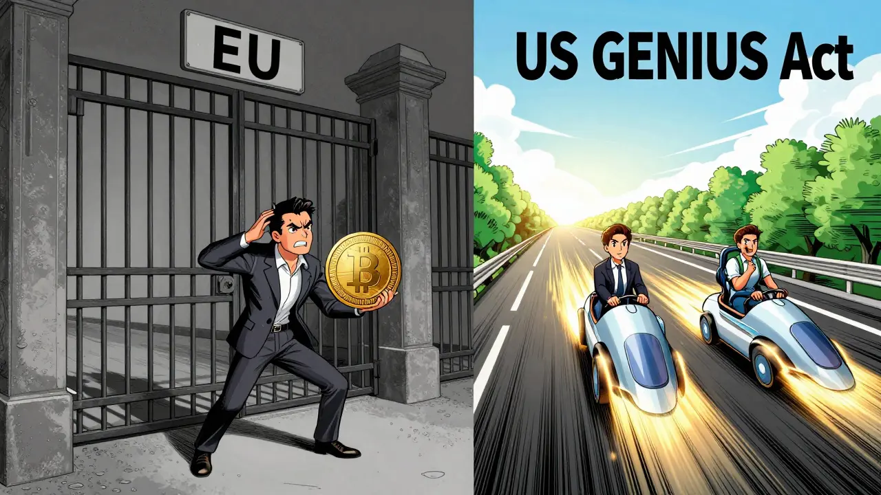 Cartoon illustration comparing strict EU crypto laws with lenient US rules