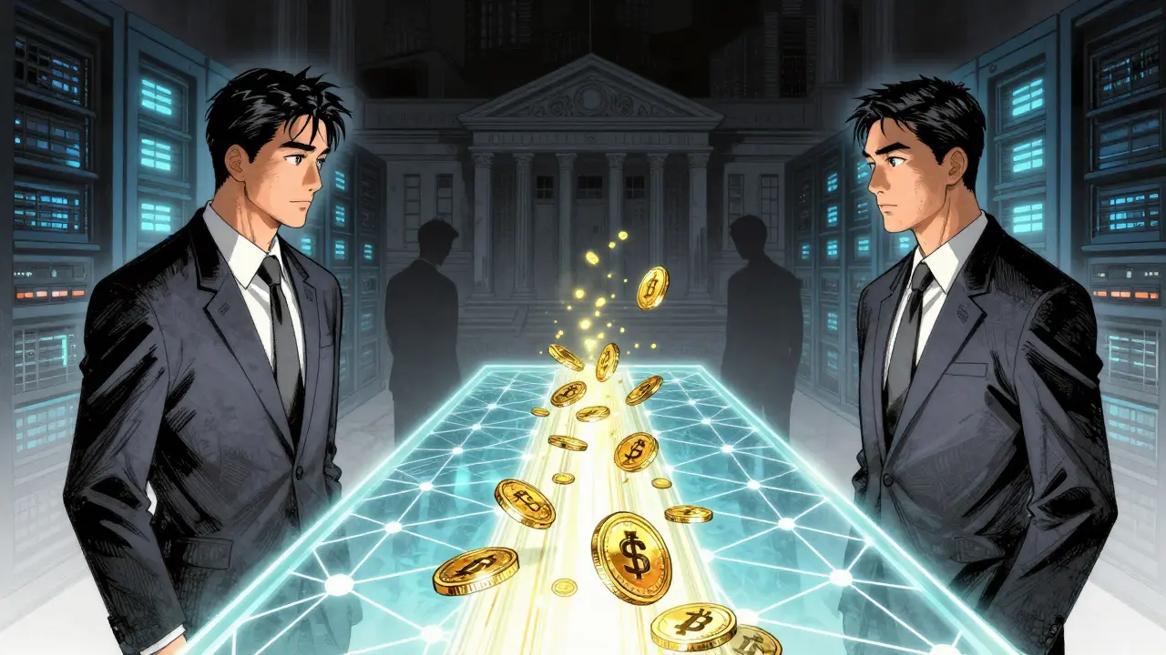 Cartoon illustration of bankers exchanging instant digital payments through a secure private ledger.