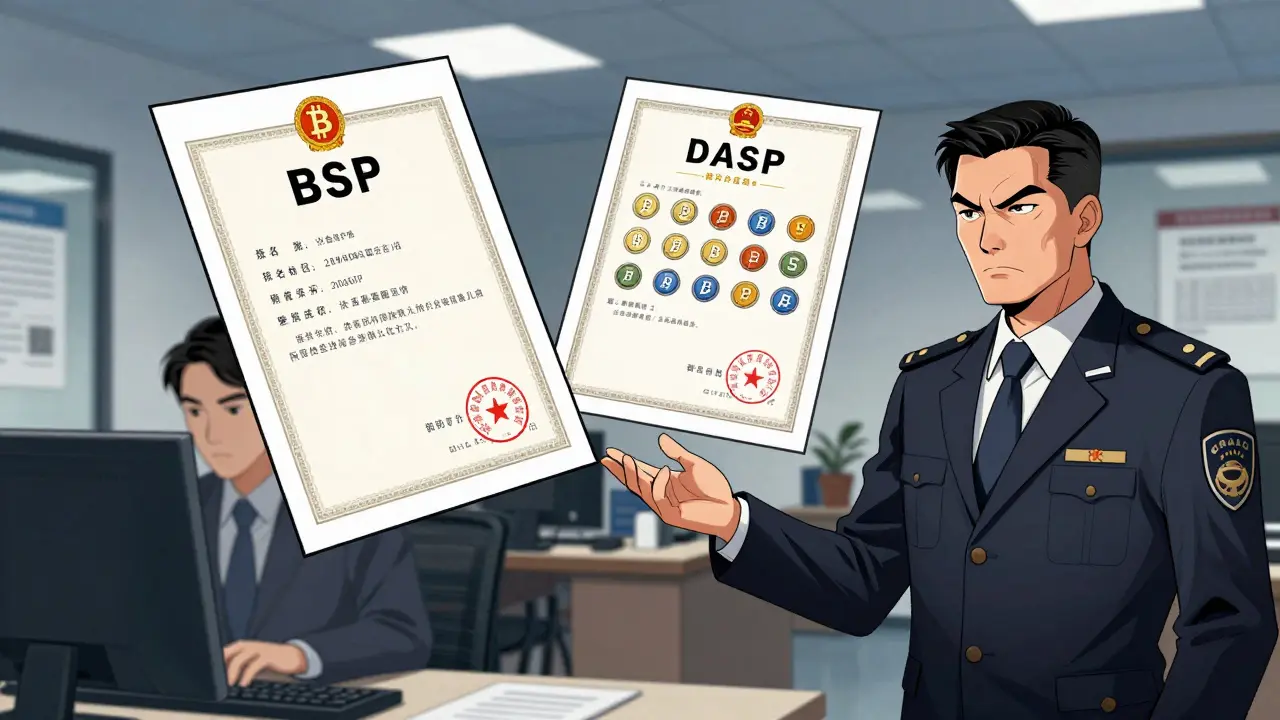 Cartoon illustration of crypto licensing documents BSP and DASP in an office