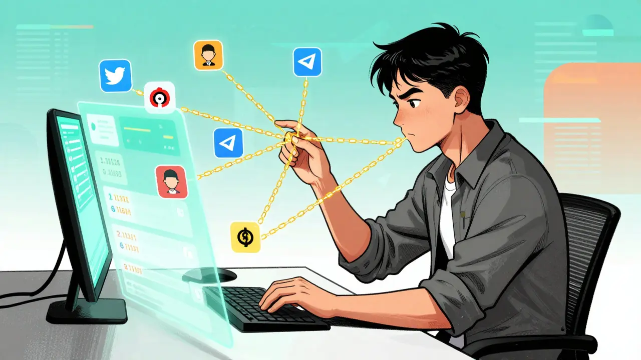 Cartoon illustration of user completing social tasks with glowing digital connections