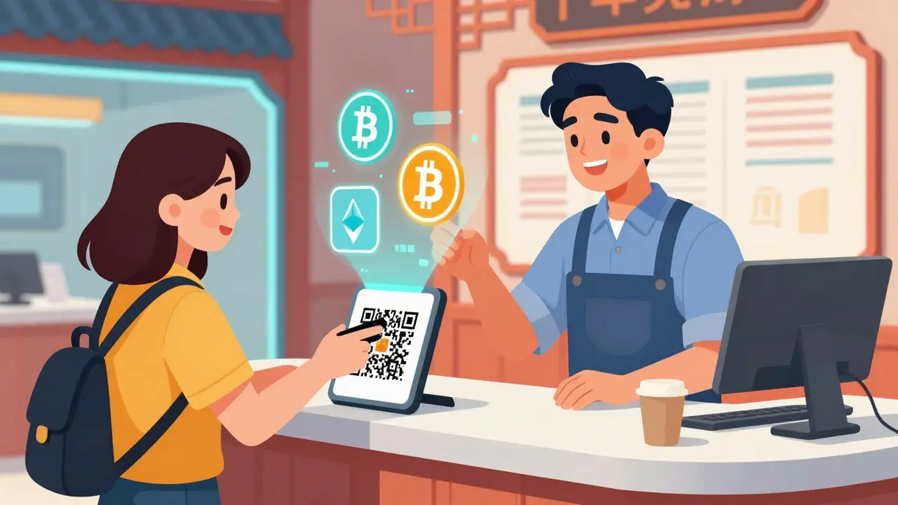 Cartoon style scene of a customer paying with crypto at a modern shop counter.