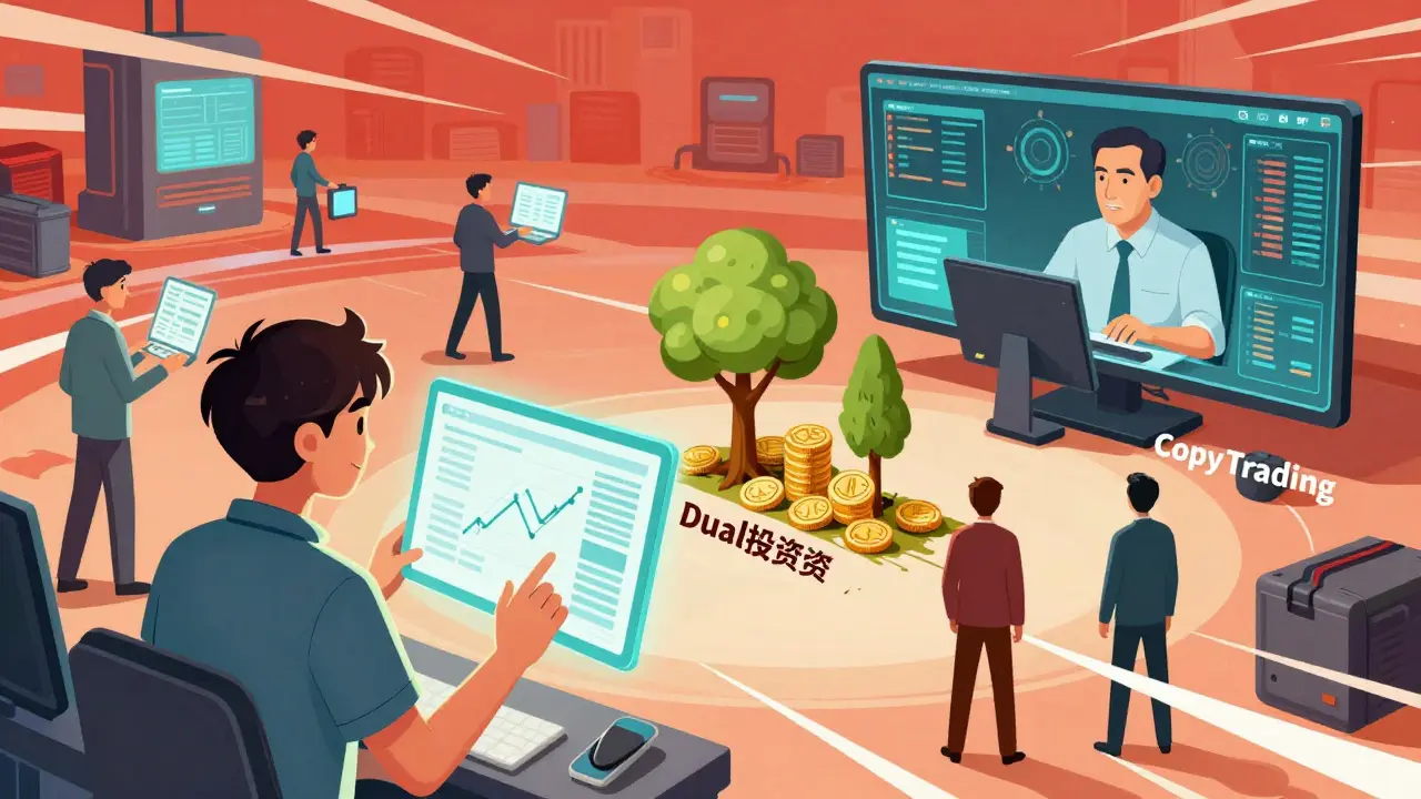 Cartoon traders using various tools like copy trading and dual investments