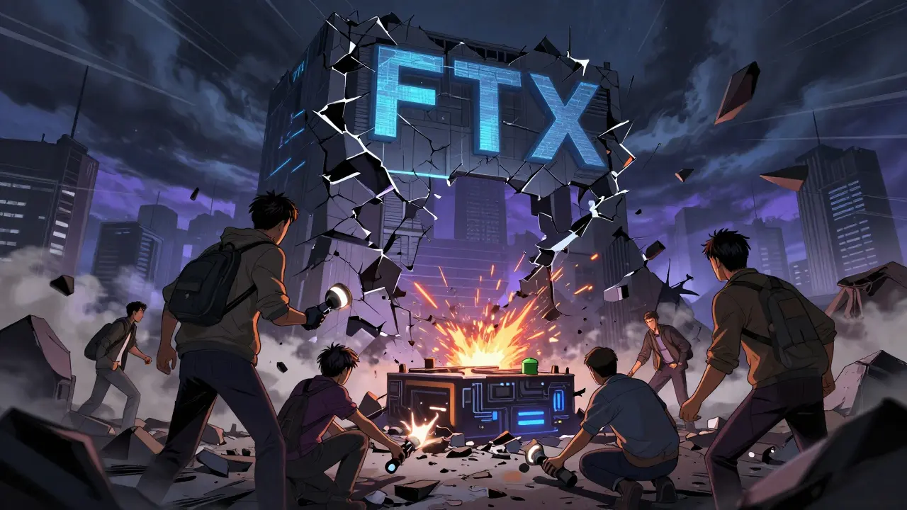 Chinese comic art showing community rebuilding a platform after a digital collapse