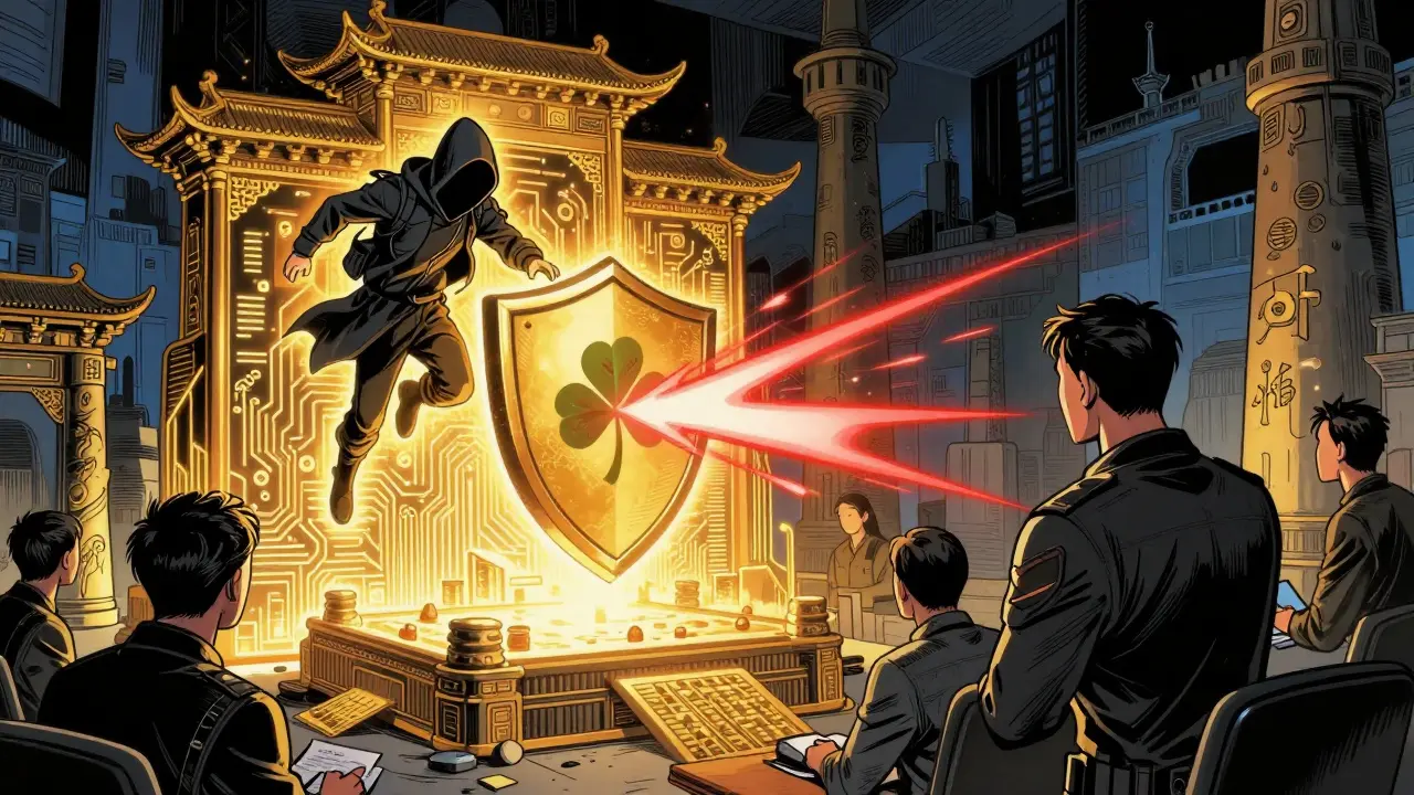 Chinese manhua art showing a digital shield protecting smart contracts from hackers in a neon cyber environment.
