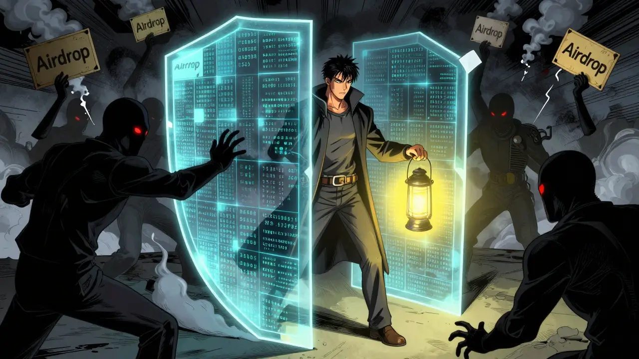 Comic art of hero protecting users from scam shadows with a blockchain shield
