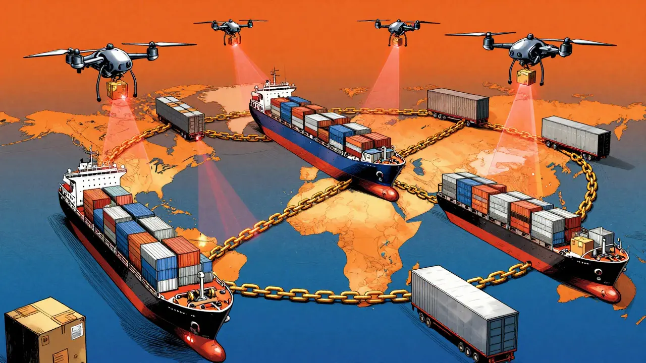 Comic art showing AI drones and blockchain chains monitoring a global supply chain for fraud.