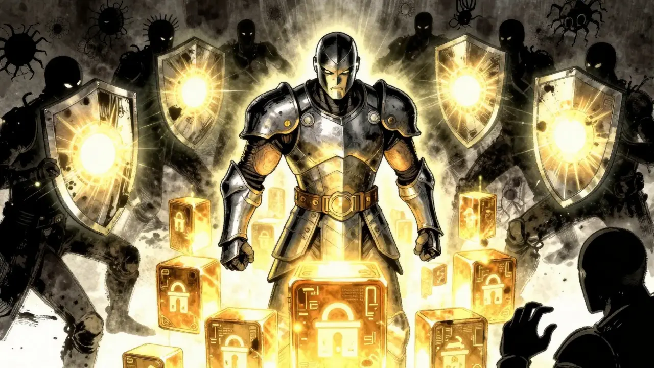 Comic style guardian protecting blockchain data from security threats