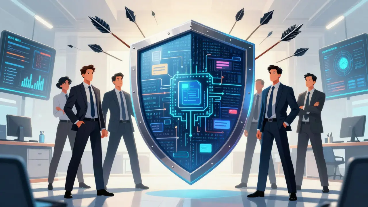 Compliance team protects against sanctions risks with a high-tech shield in manhua style.
