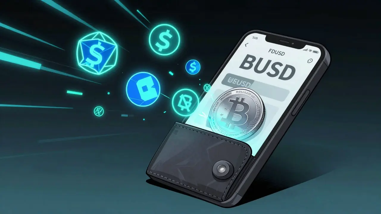 Digital wallet swapping BUSD for USDC and FDUSD tokens, manhua style