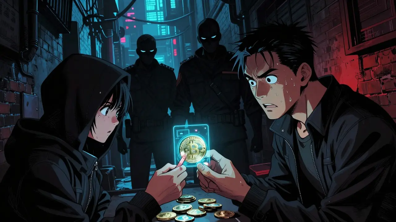 Dramatic Chinese comic illustration of shadowy figures trading crypto secretly while evading strict law enforcement.