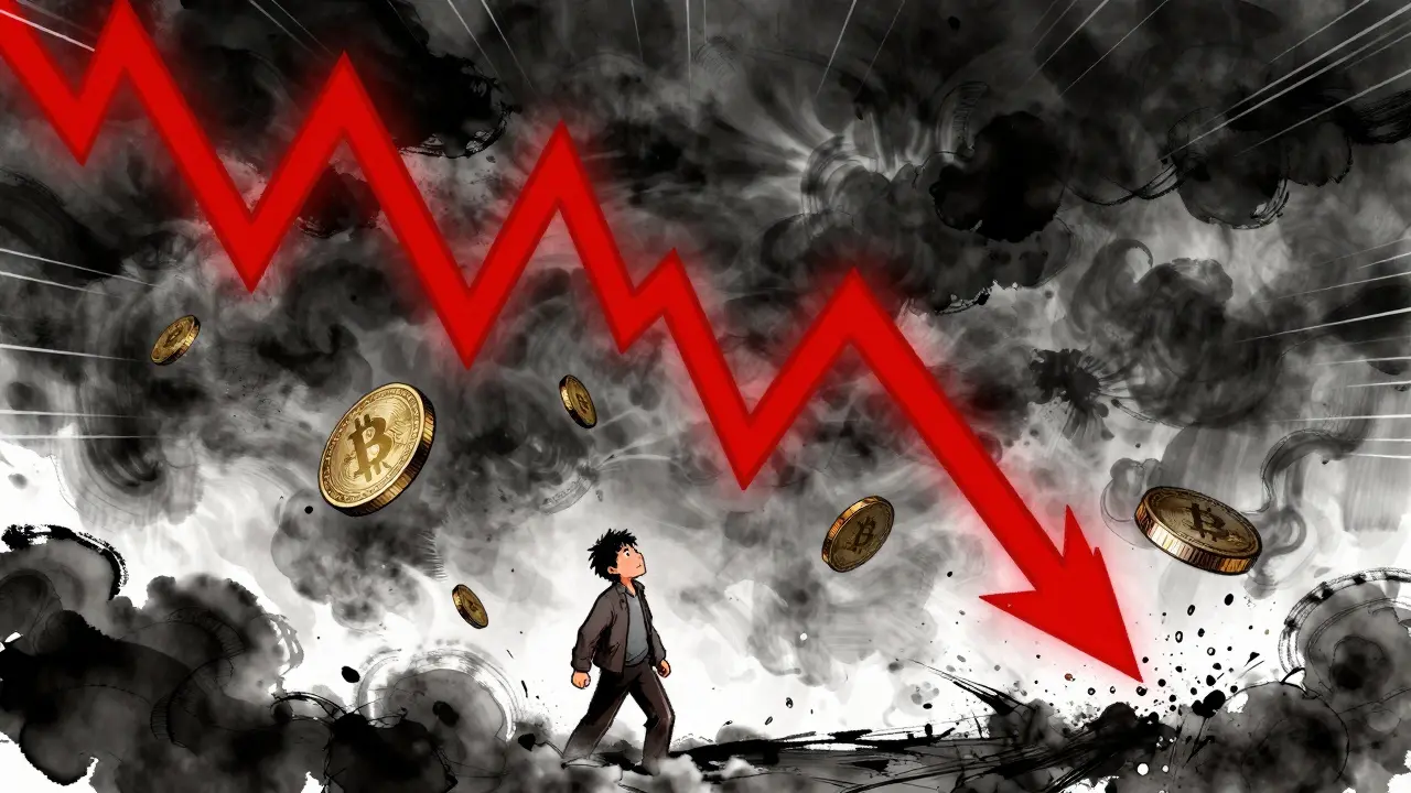 Dramatic manhua scene showing a crashing red price graph and falling tokens symbolizing risk.