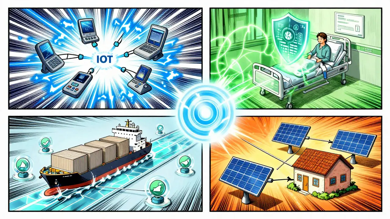 Four-panel manhua illustration showing smart devices, secure health records, supply chains, and energy trading.