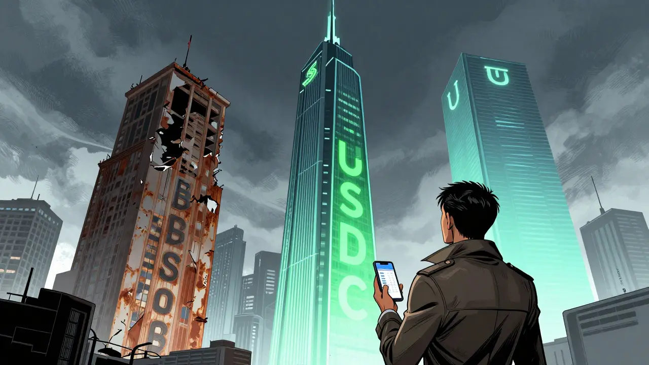 Futuristic cityscape comparing stablecoin towers, manhua illustration