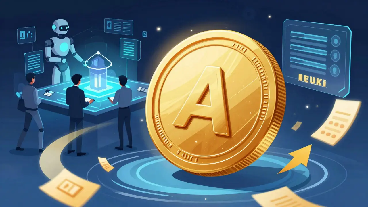 Golden Auki token floating amidst robot and XR figures in Chinese comic style.