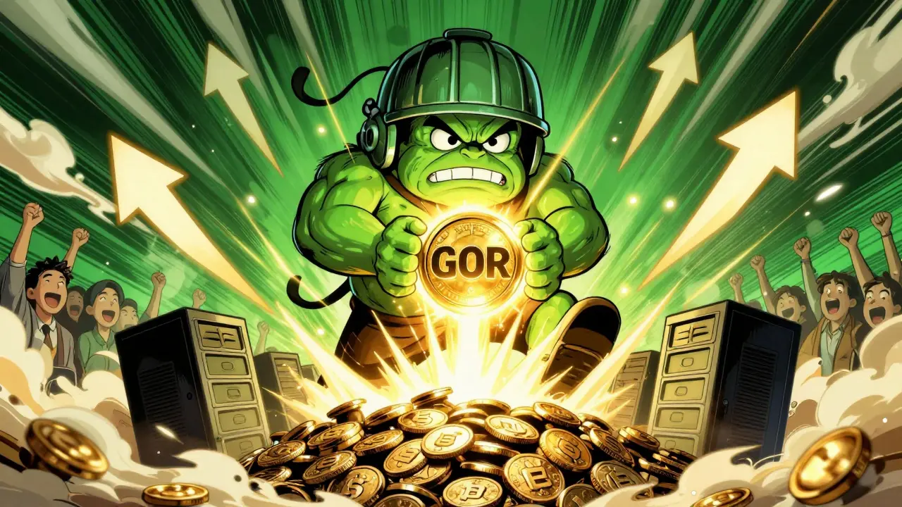 Green grouch mascot emerging from coins in Chinese comic style, symbolizing hype.