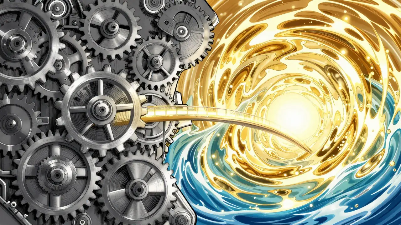 Illustration merging mechanical gears and liquid pools to represent hybrid trading