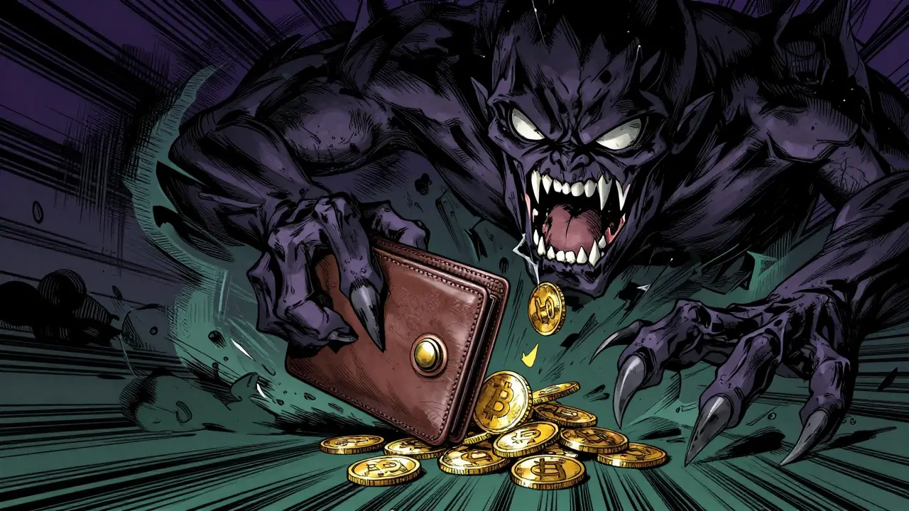 Illustration of a dark monster draining crypto assets from a wallet