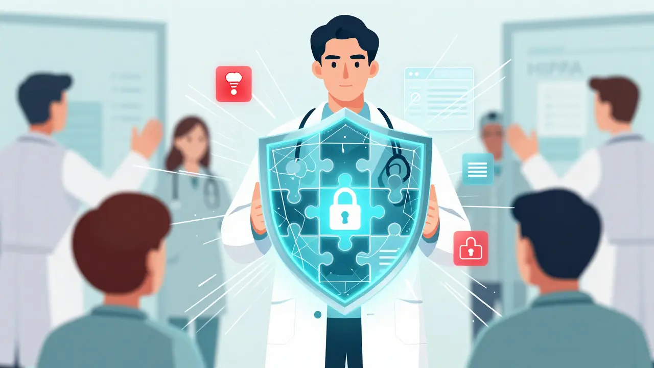 Illustration of a doctor protecting patient medical records with a digital encryption shield.