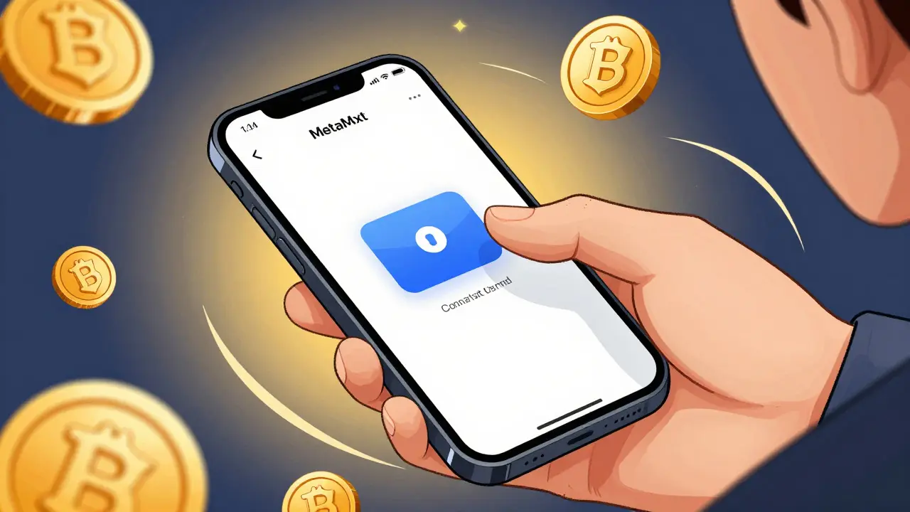 Illustration of a hand connecting a digital wallet for crypto airdrops with floating gold coins.