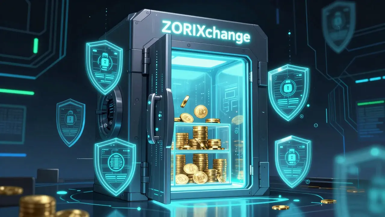 Illustration of a high-tech digital vault securing cryptocurrency assets