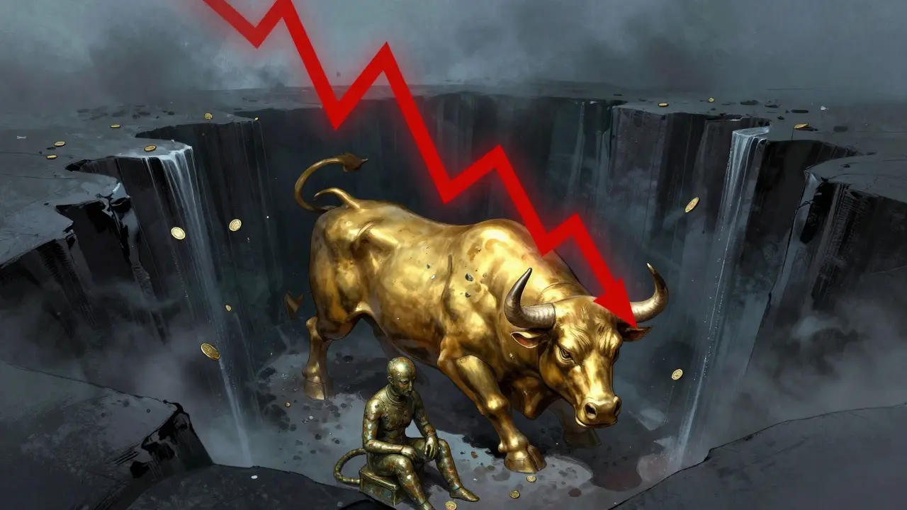 Illustration of a shrinking bull statue in a chasm below a plunging red price chart line.