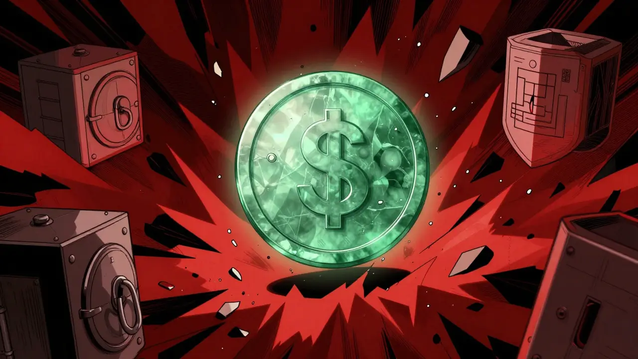 Illustration of a stablecoin glowing calmly amidst chaotic market volatility shards.