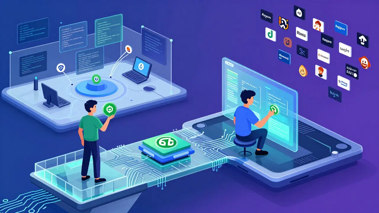 Illustration of a tech bridge connecting traders and developers in manhua style.