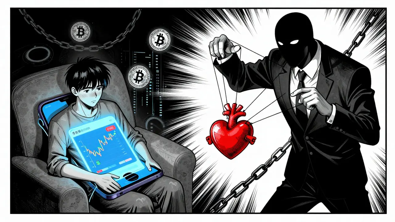 Illustration of a victim being manipulated by online crypto romance scammers