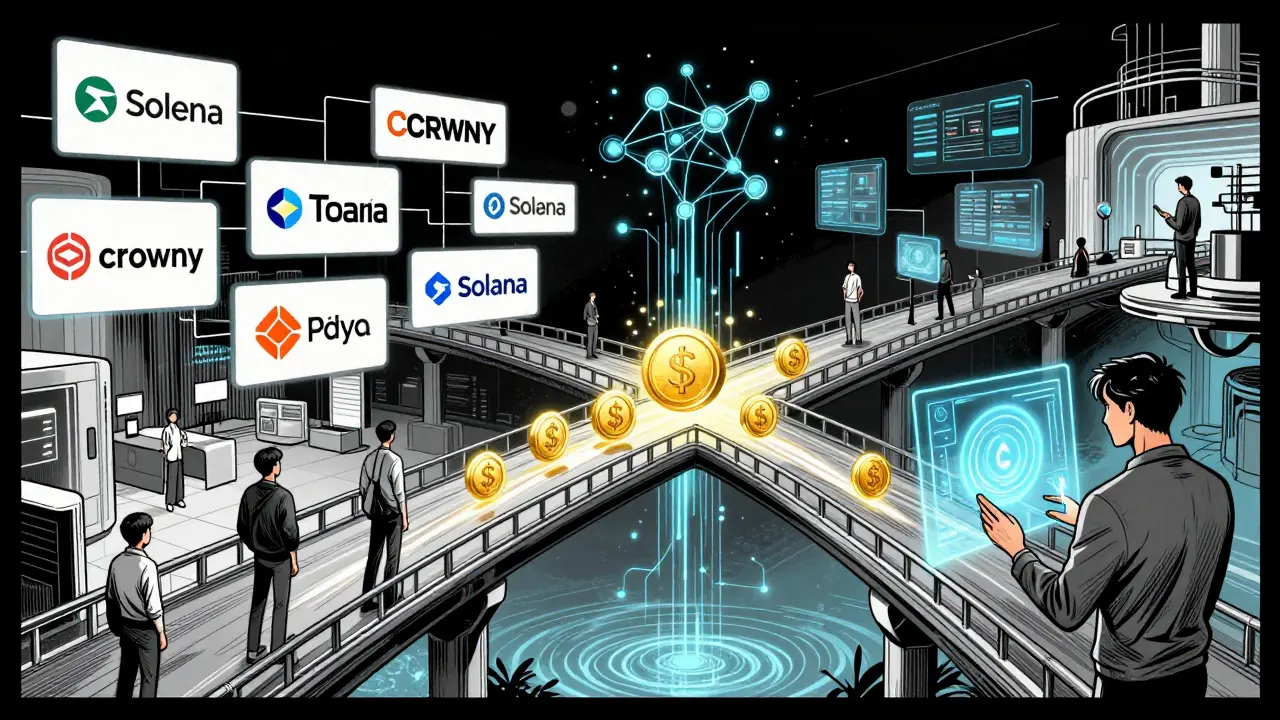 Illustration of brands and users connected by flowing crypto tokens