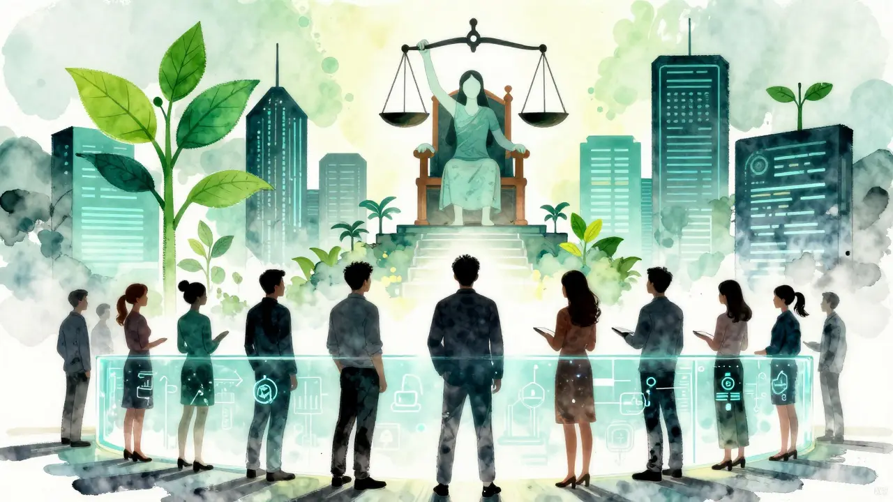 Illustration of decentralized finance with AI balancing justice and sustainability in a DAO setting.