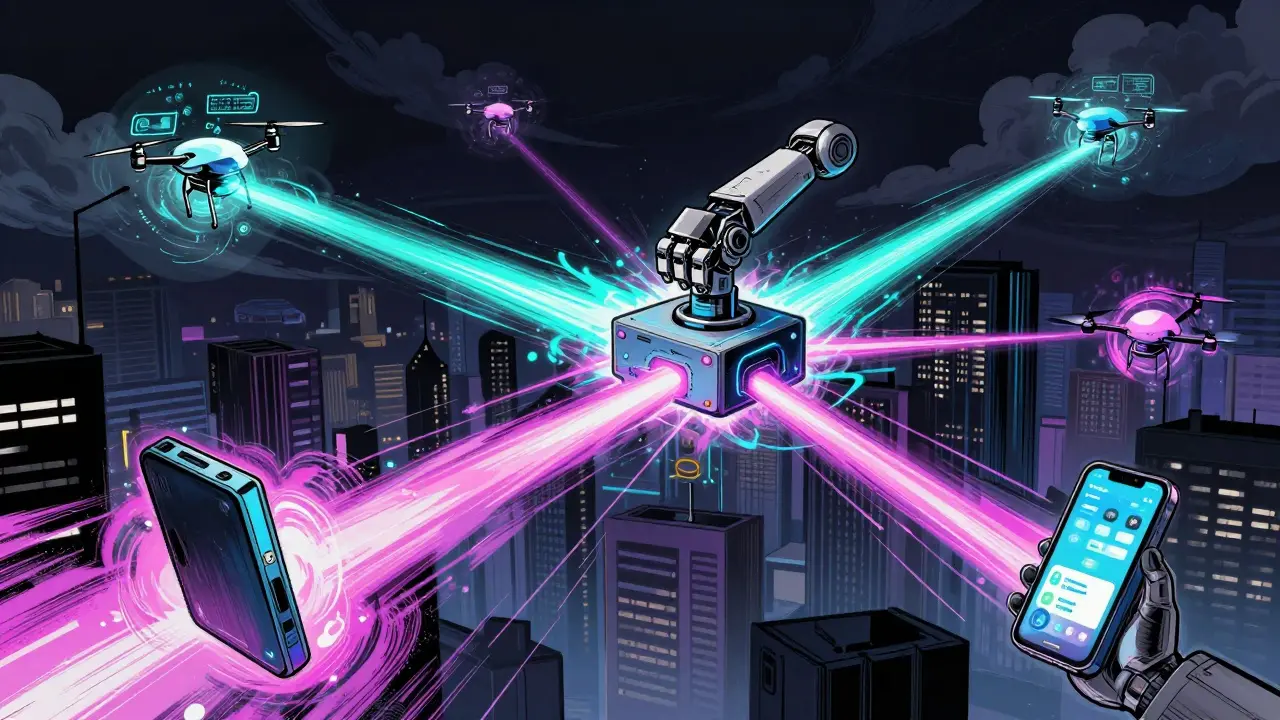 Illustration of devices connected by glowing data streams in a manhua style.