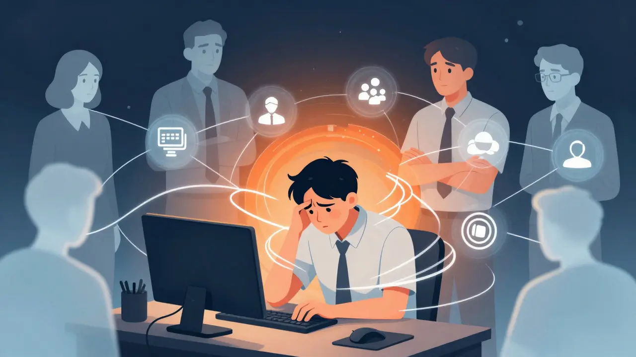 Illustration of remote team stress and digital collaboration networks