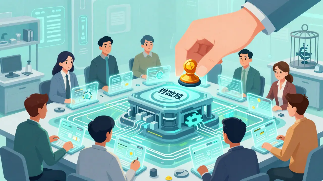 Illustration of tech workers in a bright, controlled sandbox testing blockchain tools under government supervision.
