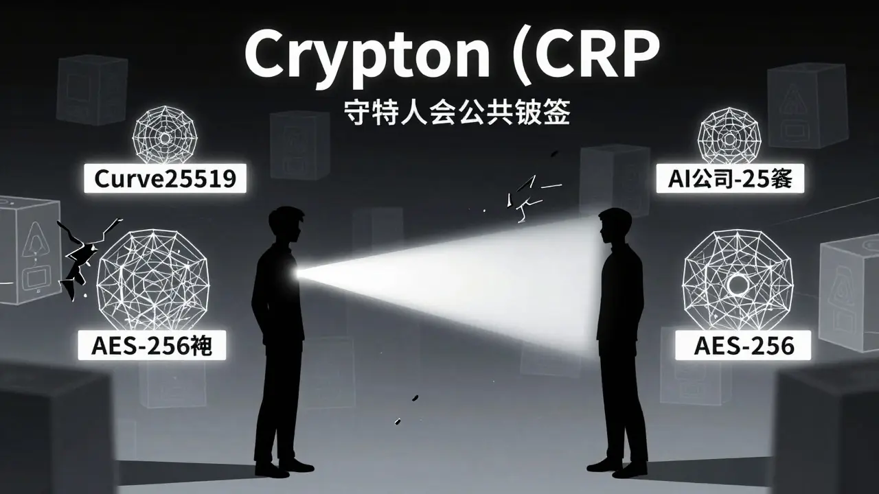 Illustration of two figures exchanging light beams, symbolizing private crypto transactions